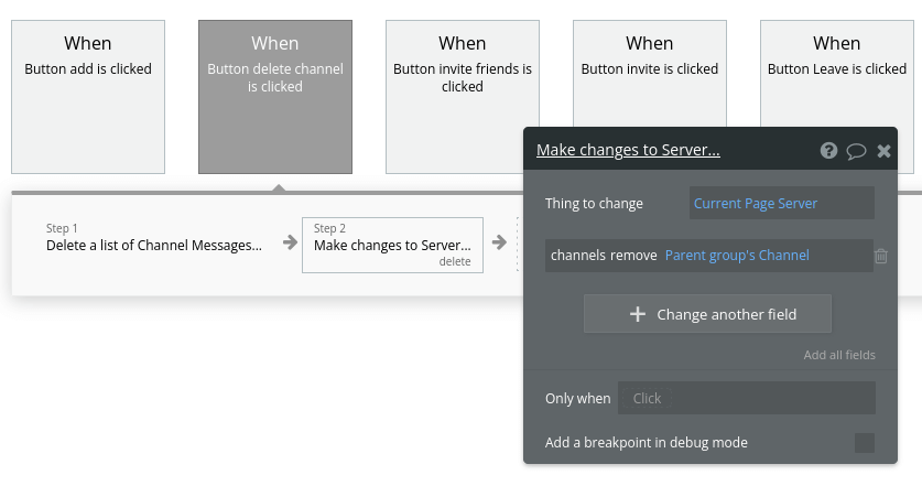 Setting up deletion of server channels in the Discord clone app