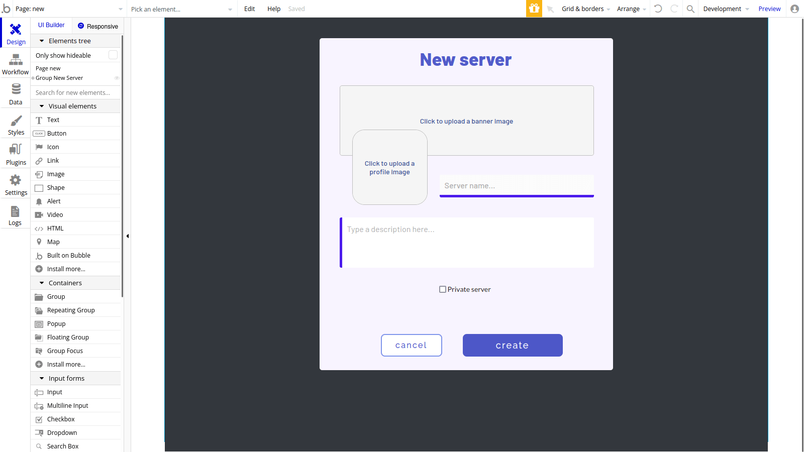 Sample New Server page in Discord clone.