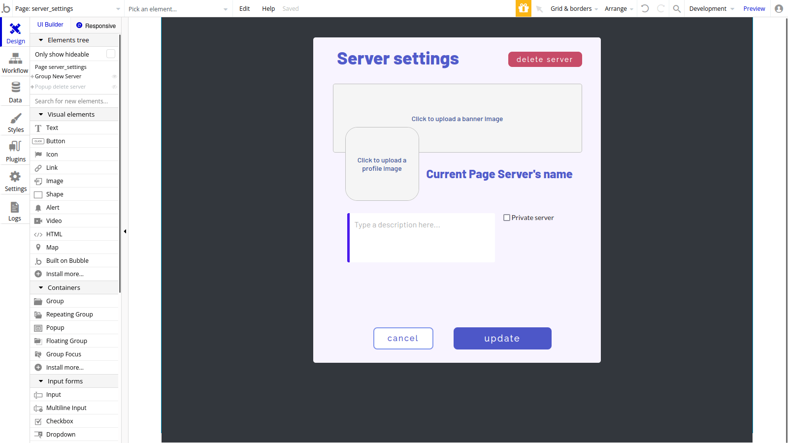 Allowing users to update server settings in our no-code Discord-like MVP