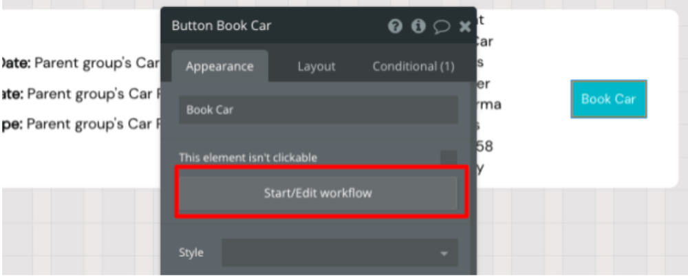 Creating a workflow for when the “Book Car” button is clicked