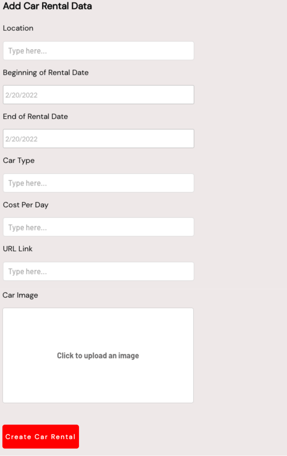 Admin portal page with input and image uploader elements used to create a new Car Rental