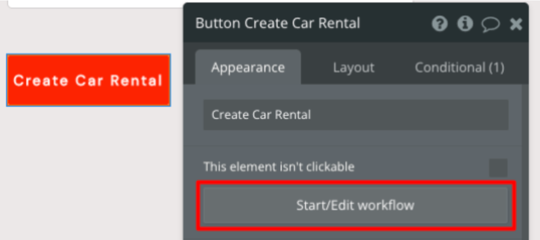 Create Car Rental Button and Start/Edit workflow action