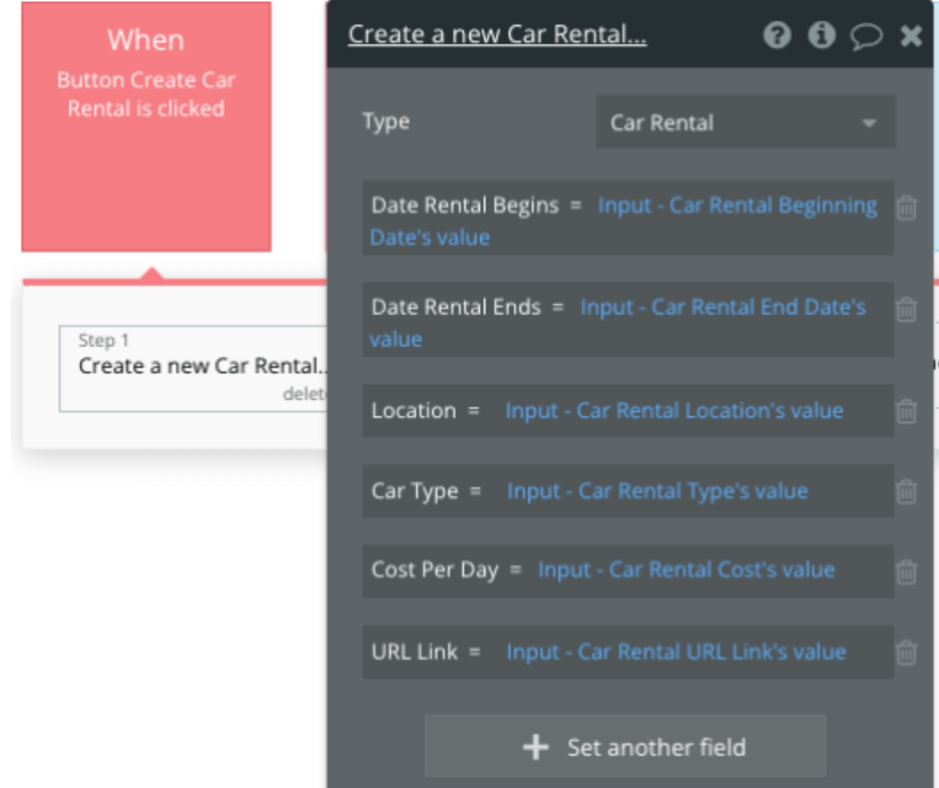 Mapping input elements and image uploader values to relevant Car Rental fields in database