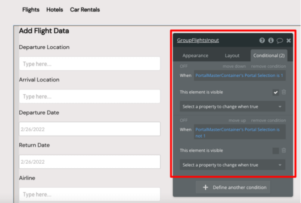 Showing and hiding the GroupFlightsInput element based on custom states