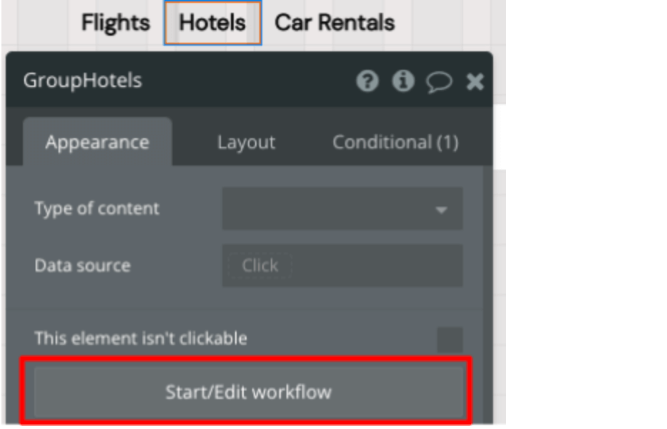 Adding a workflow when “GroupHotels” is clicked