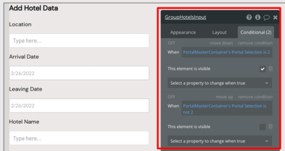 Showing and hiding the GroupHotelsInput element based on custom states