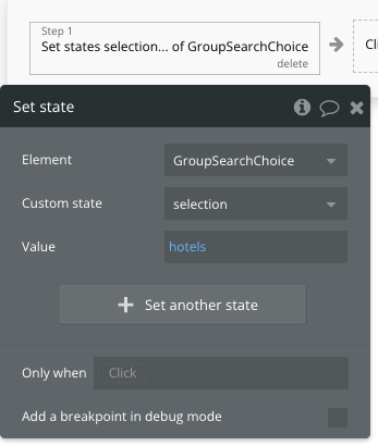 Setting the selection state of “GroupSearchChoice” to hotels