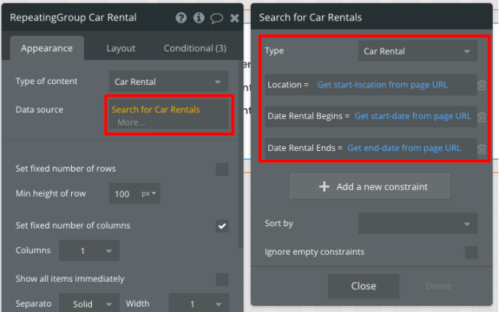 Searching for car rentals data and setting constraints
