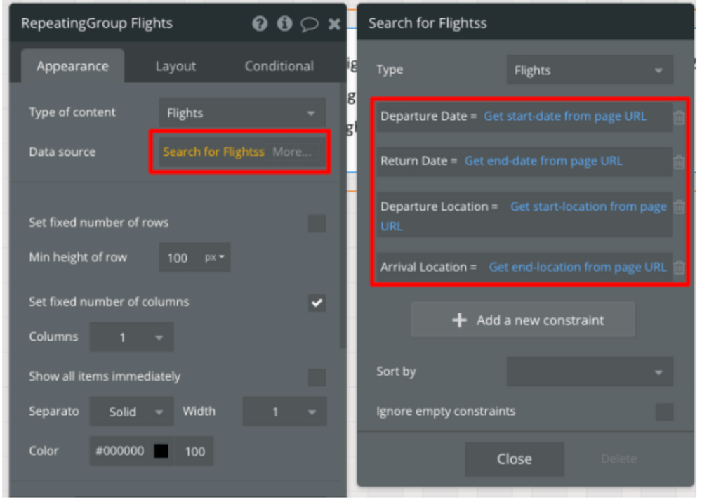 Searching for flights data and setting constraints