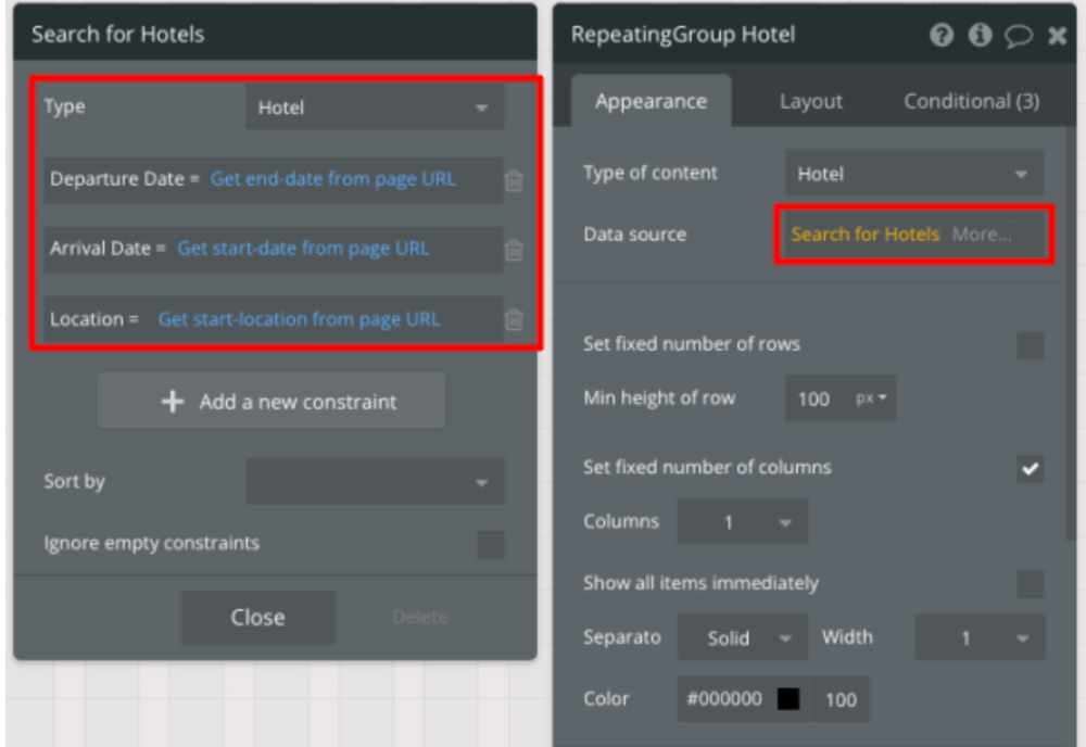 Searching for hotels data and setting constraints