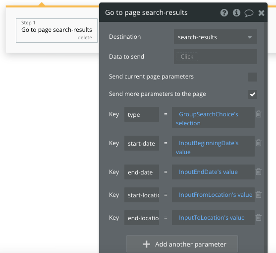 Navigating to page “search-results” and sending data via parameters