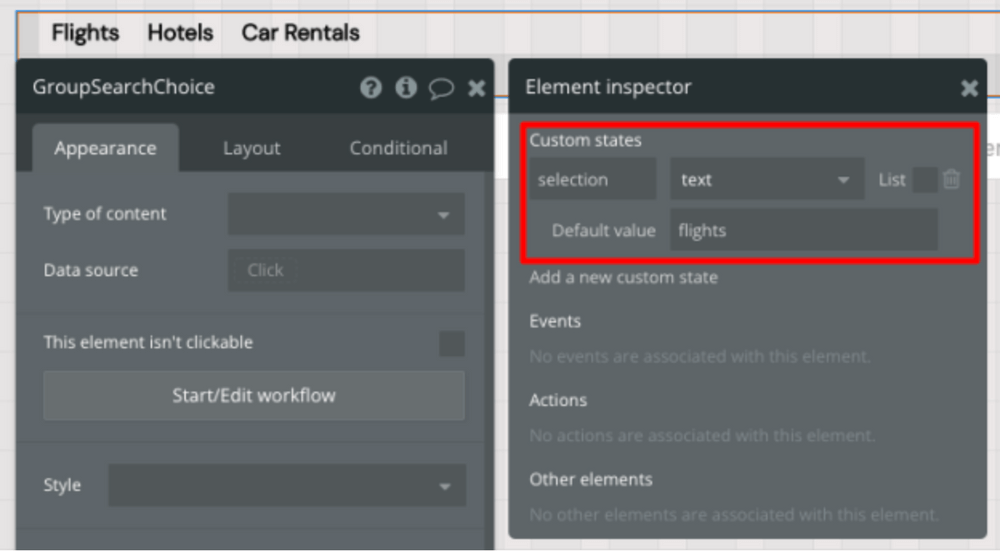 Setting the default custom state of “GroupSearchChoice” to flights