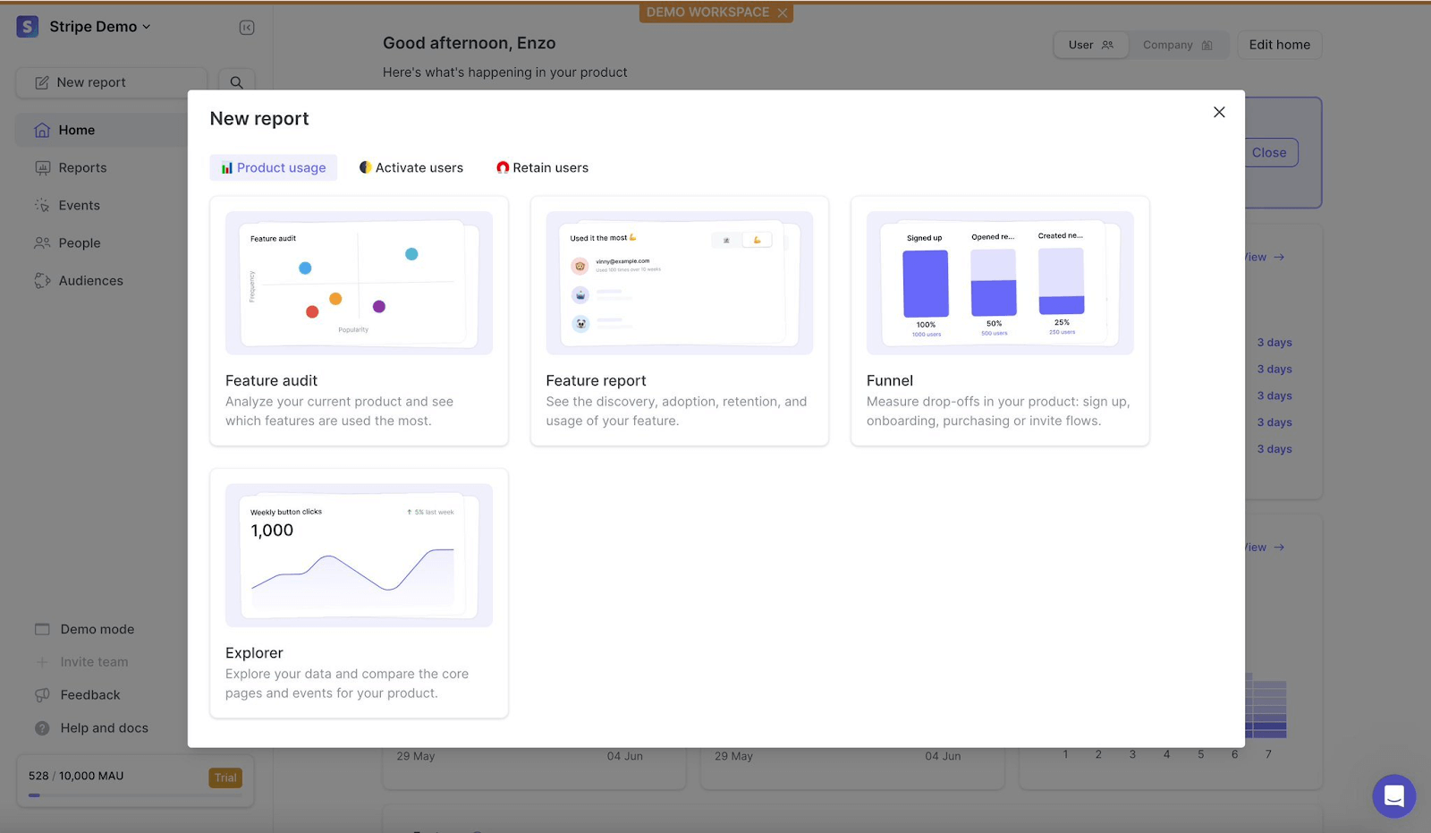 A screenshot depicting example metrics reports from June, including a Feature Audit, Feature Usage Report, User Funnel, and Comparison Explorer.