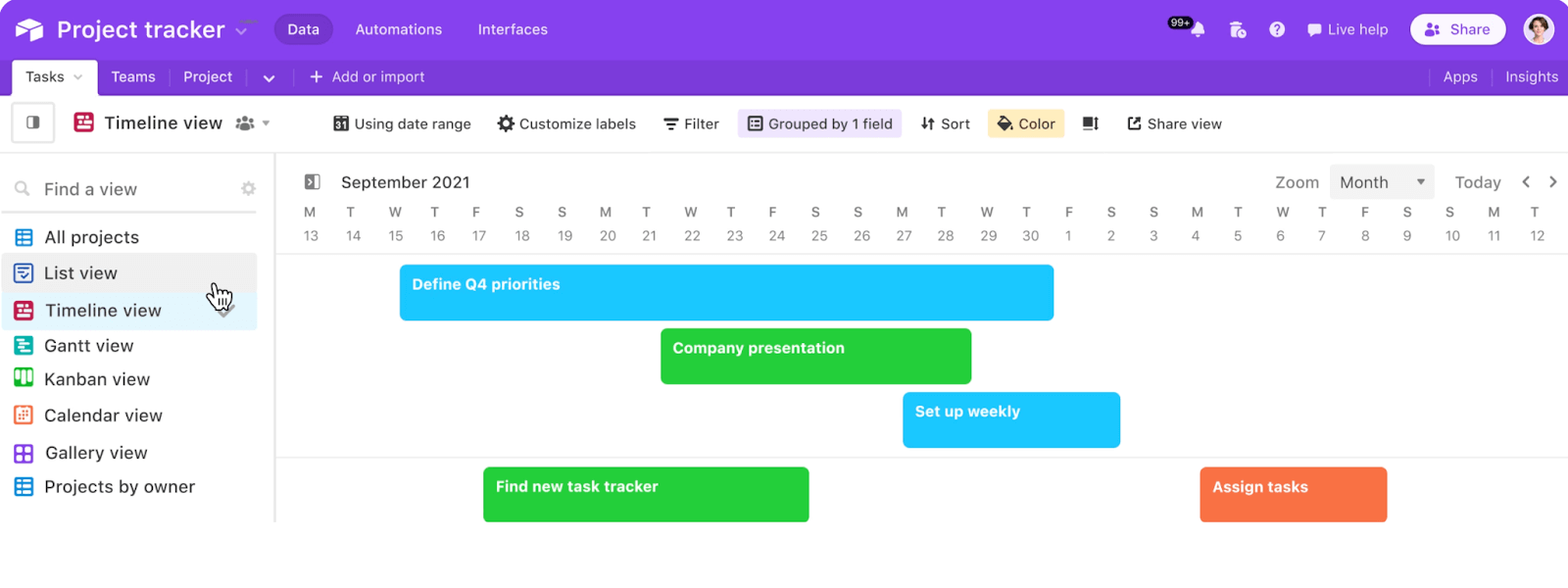 A screenshot of a project tracker in Airtable.