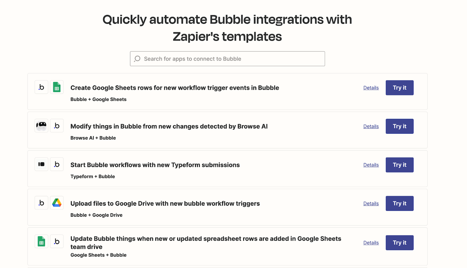A screenshot of Bubble's integrations on Zapier.
