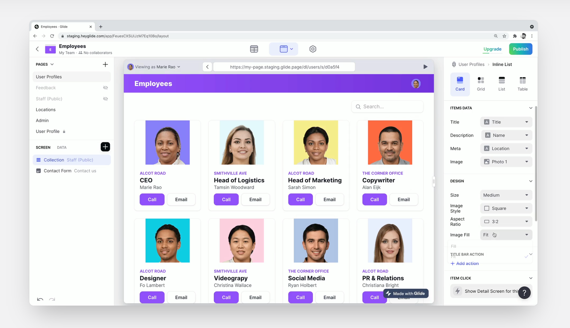 A screenshot of an employee page built with Glide