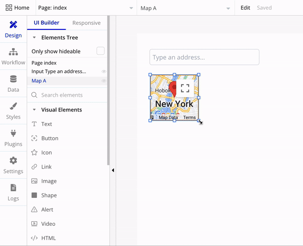 A cursor adjusts the size of a map component in the Bubble editor.