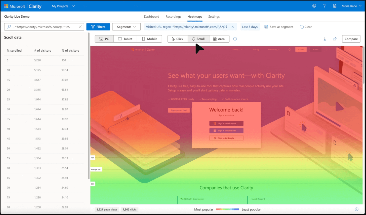 A demonstration of Microsoft Clarity's heatmapping.