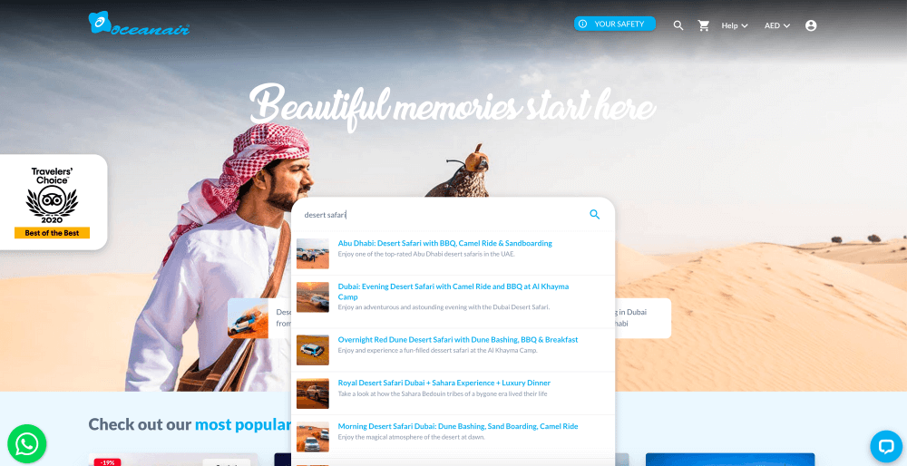 A screenshot of OceanAir's home page, searching for "desert safari."