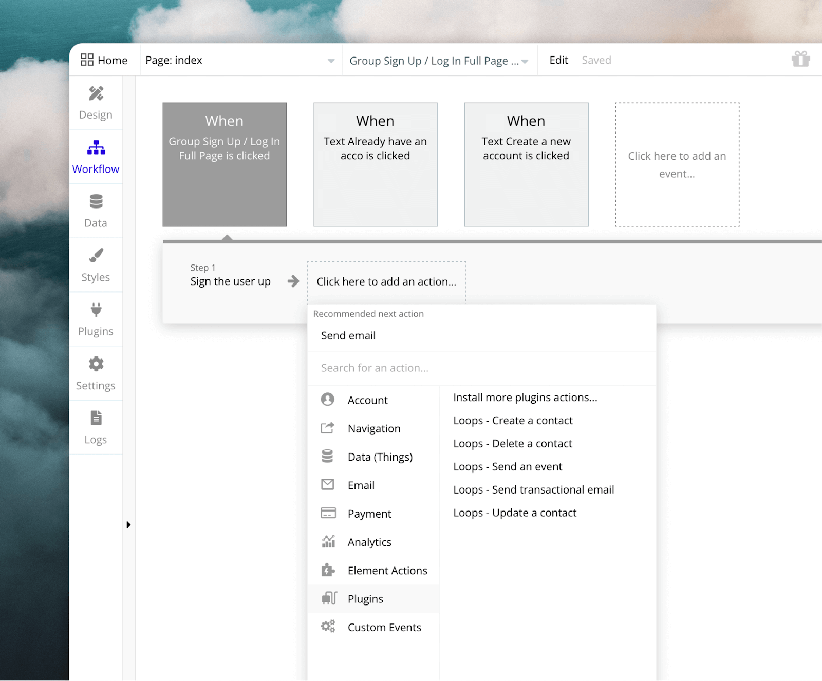 A screenshot of the Workflow editor tab on Bubble showing how to set up an email automation with Loops. 