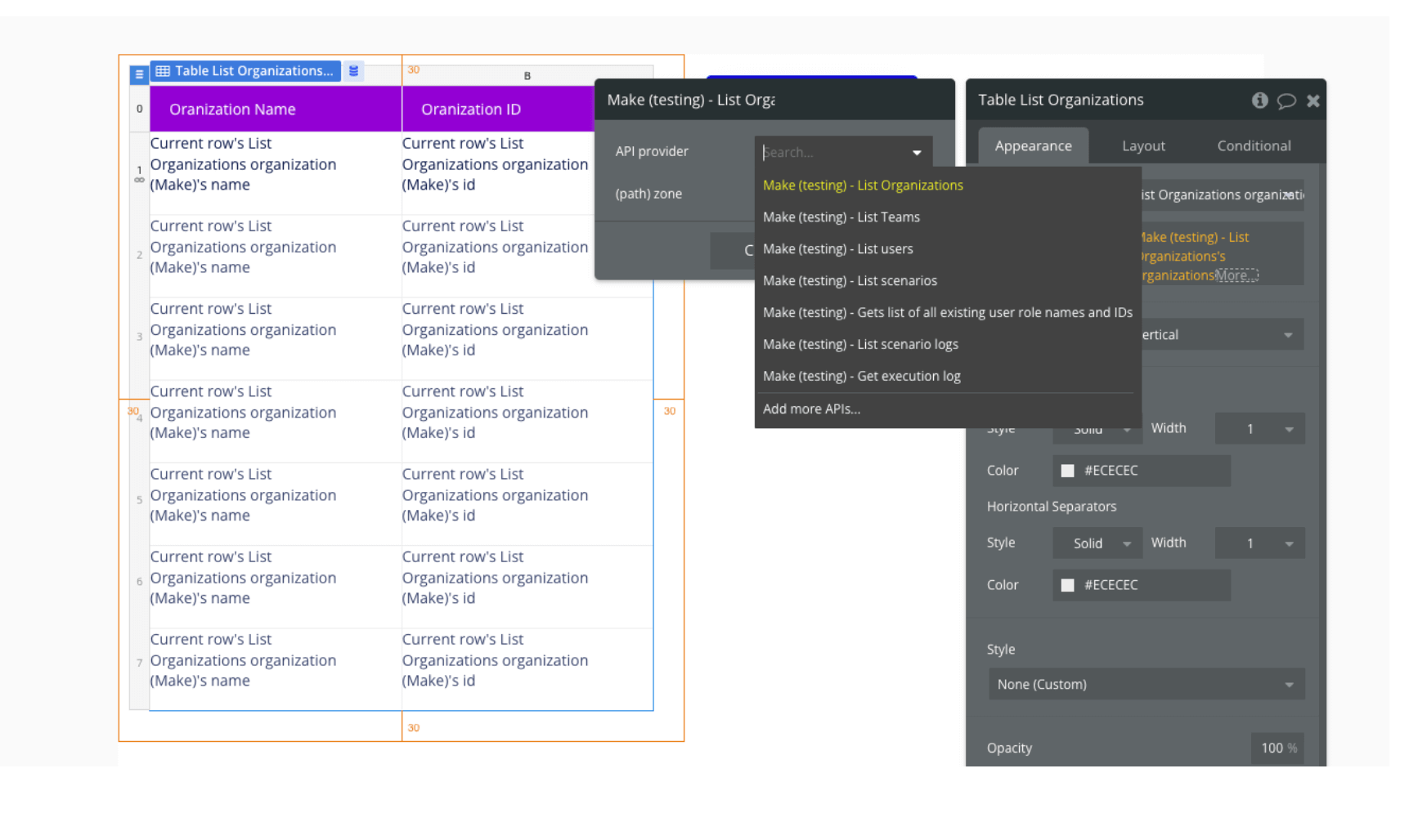 Using Make in the Bubble editor in a table element.