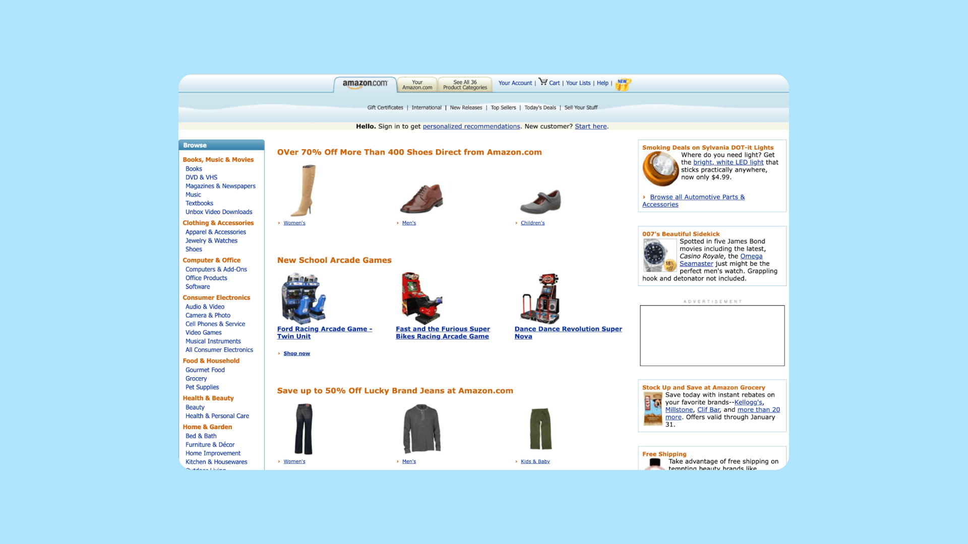 A screenshot of Amazon's 2007 marketplace. It features simple product images and text links to product categories.