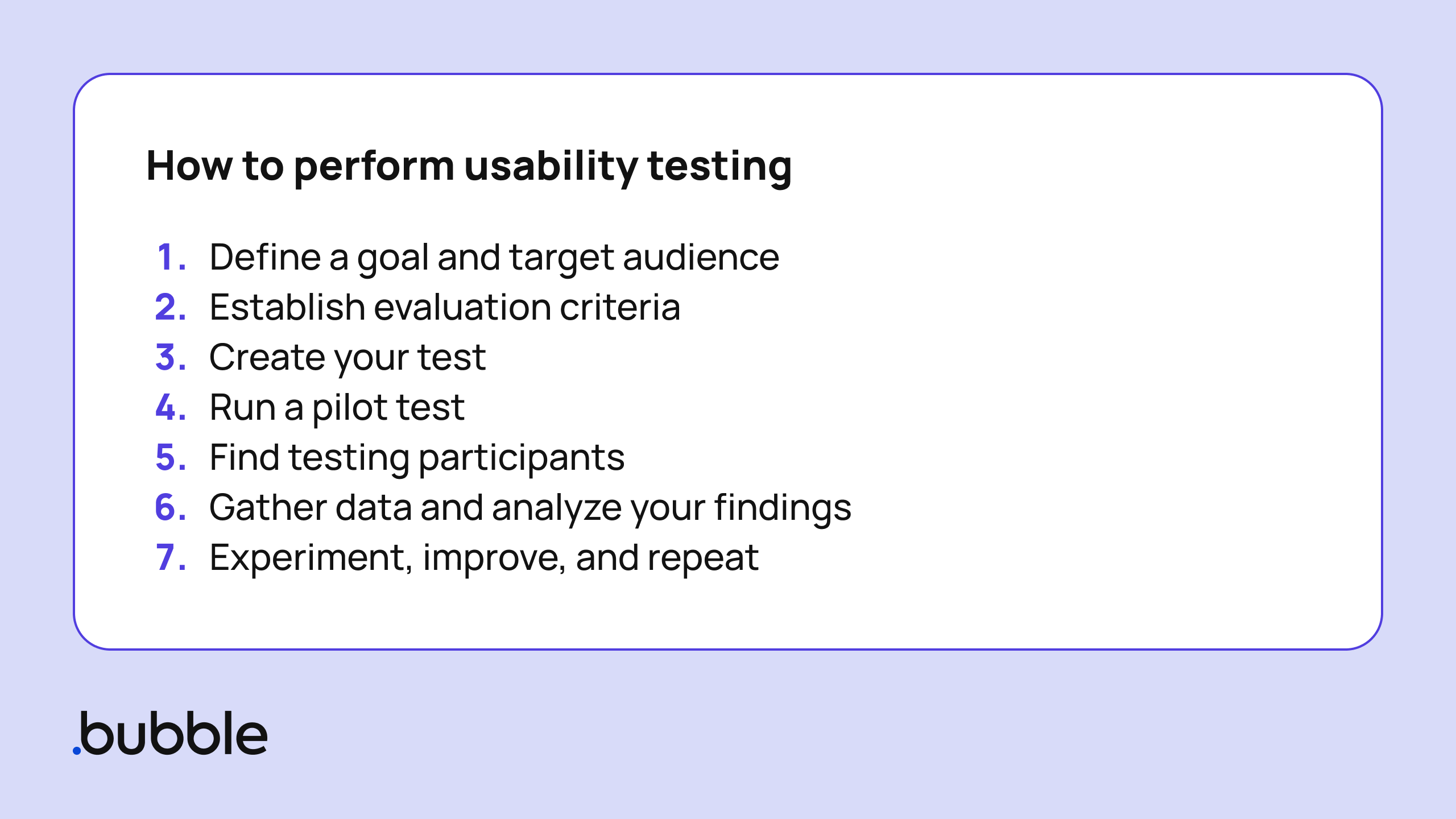 A graphic that shows the 7 steps for performing usability testing.