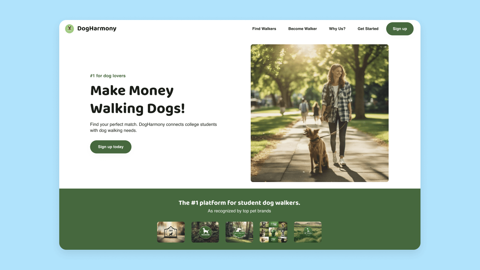 A mockup of a landing page for a dog walking marketplace generated by Bubble's AI page designer.