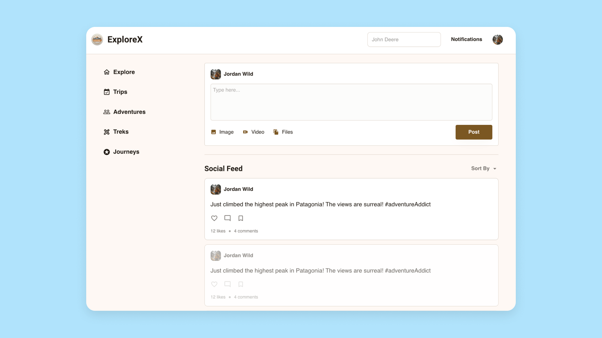 A mockup of a social media feed for adventurers generated by Bubble's AI page designer.