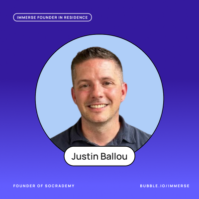 A headshot of Justin Ballou on a blue background