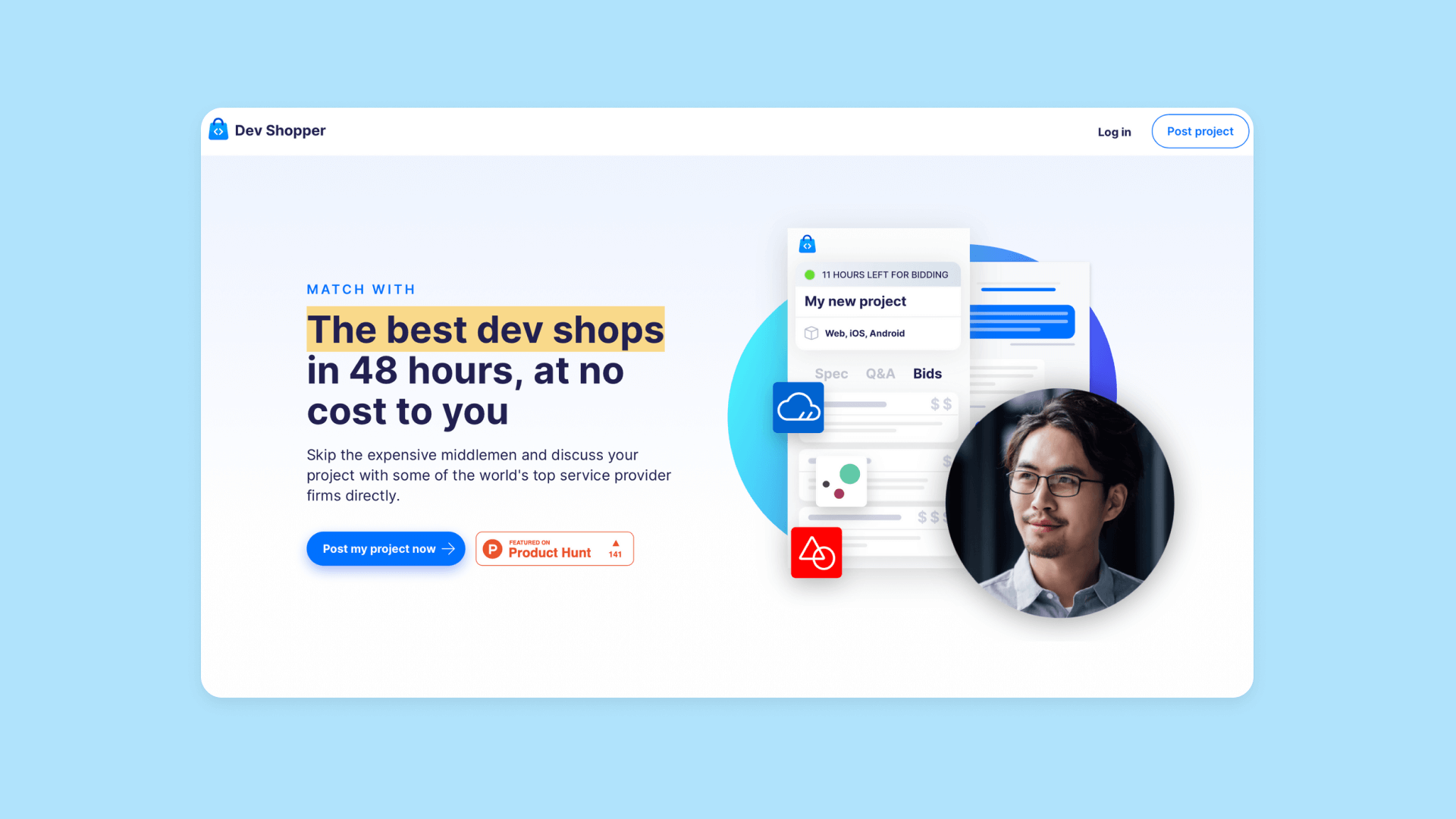 A screenshot of Dev Shopper's homepage.