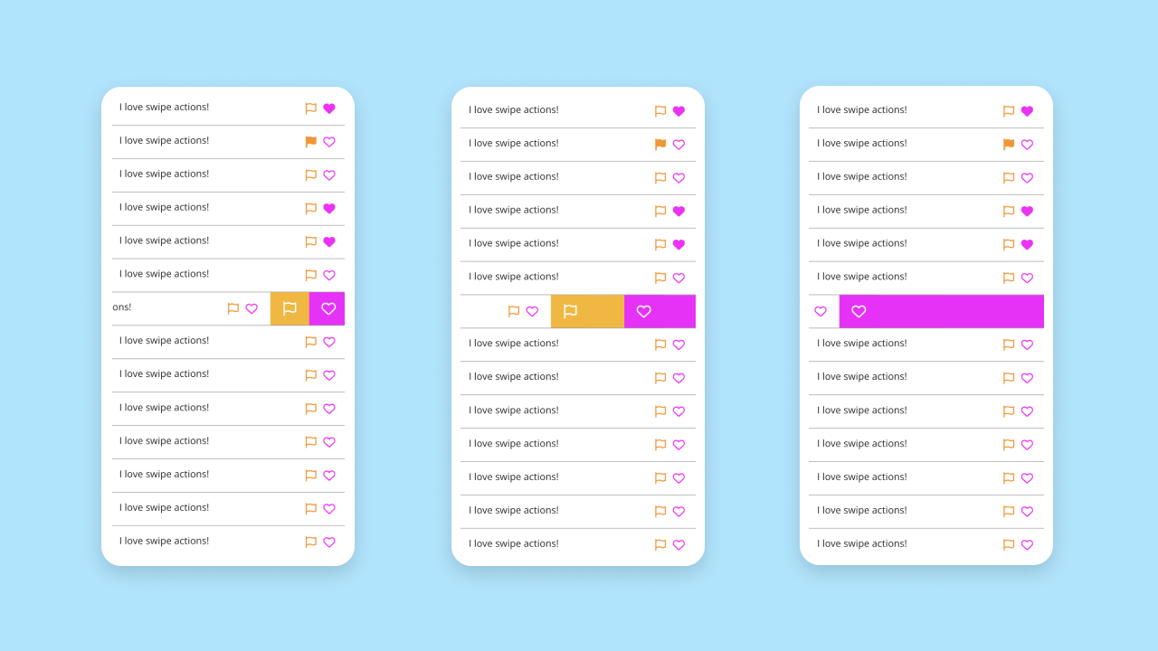 Three mobile screenshots side by side demoing three stages of a swipe action.
