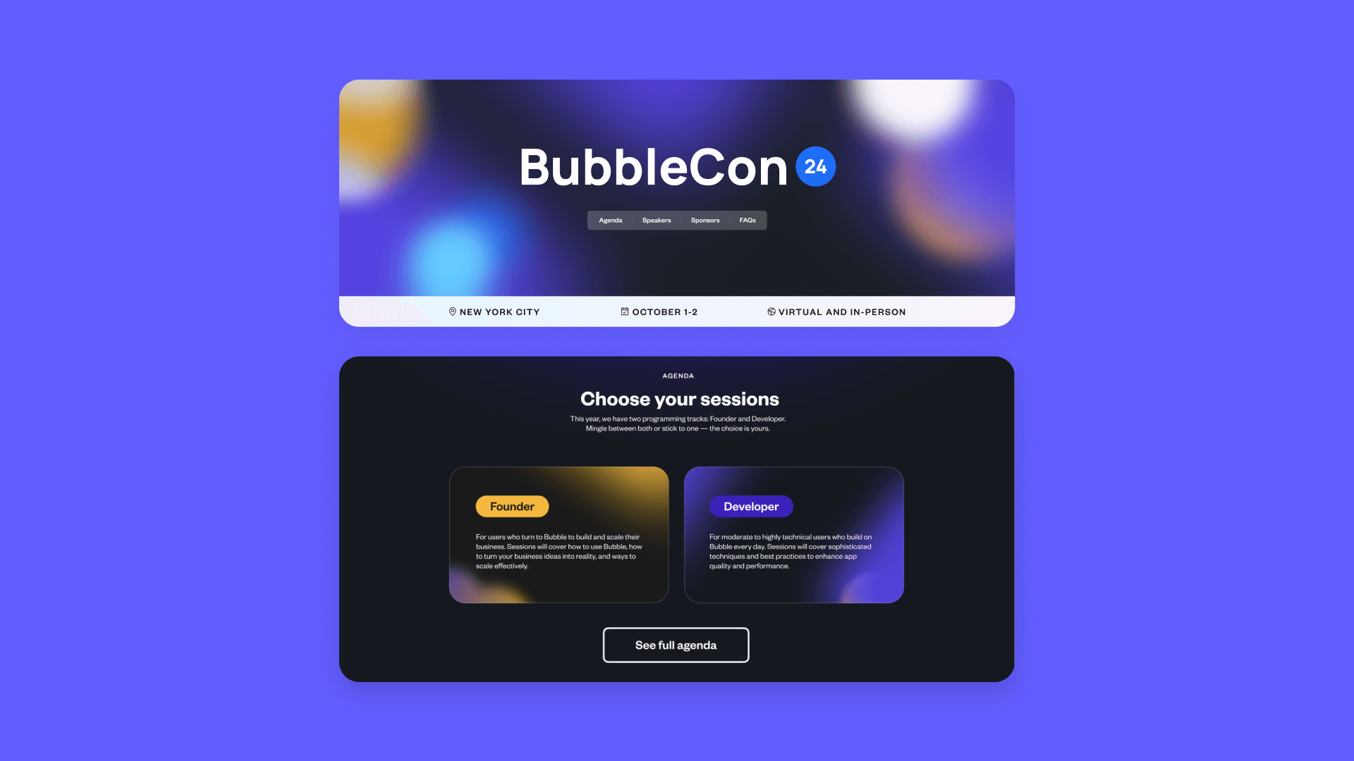 Two frames of the BubbleCon 2024 landing page.