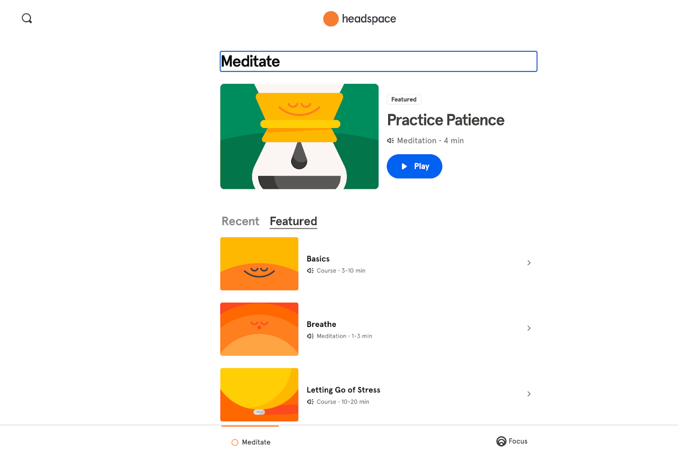 A screenshot of the results of searching "meditate" on Headspace.