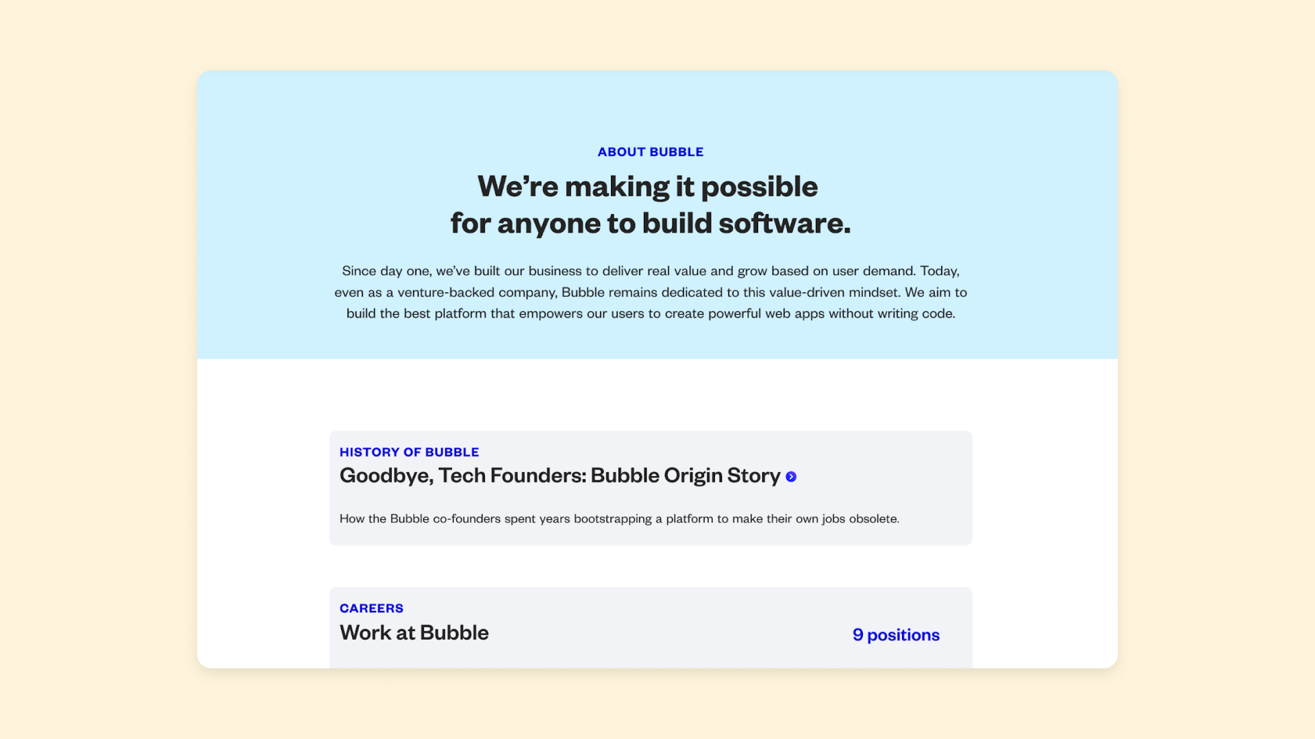 A screenshot of Bubble's About page showing a mission statement, open roles, and history of the company.