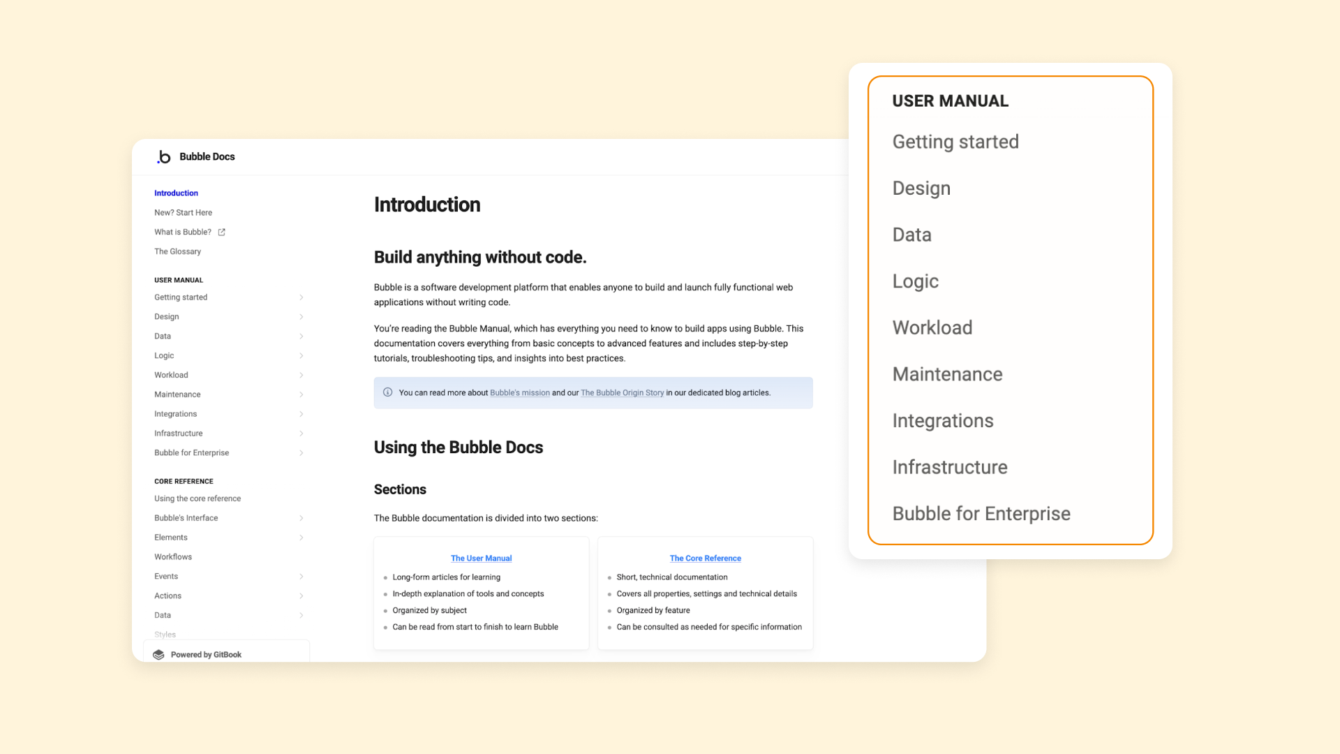 A screenshot of Bubble's Manual with the User Manual sidebar popped out