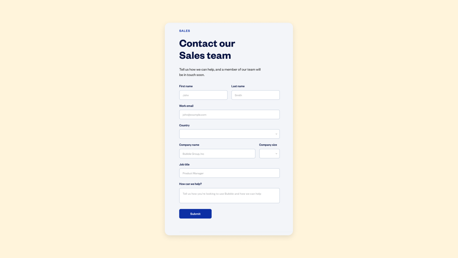 A screenshot of Bubble's Contact Sales form