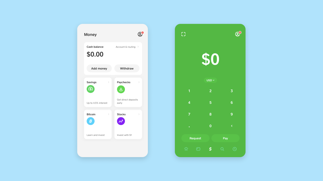 Two screens from Cash App: the home screen and the screen to send money.