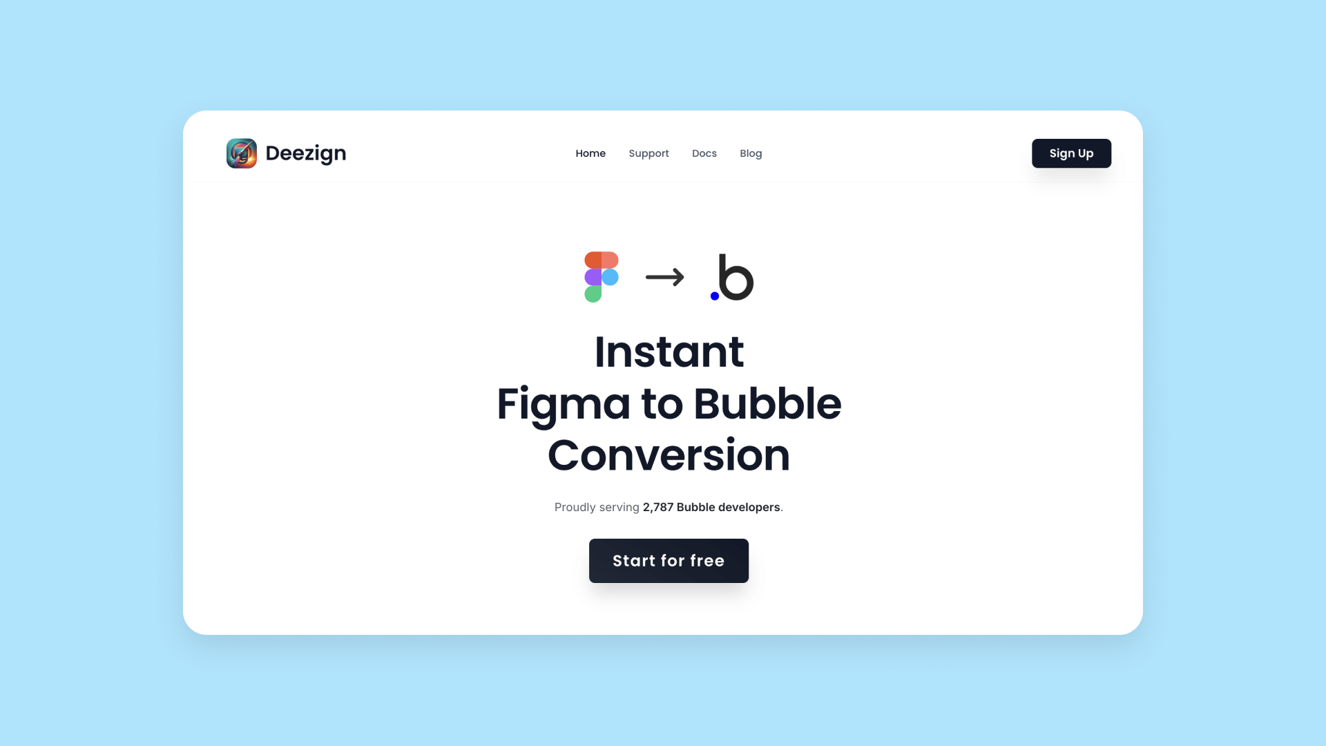 A screenshot of Deezign's homepage showing "Instant Figma to Bubble Conversion" and a CTA.