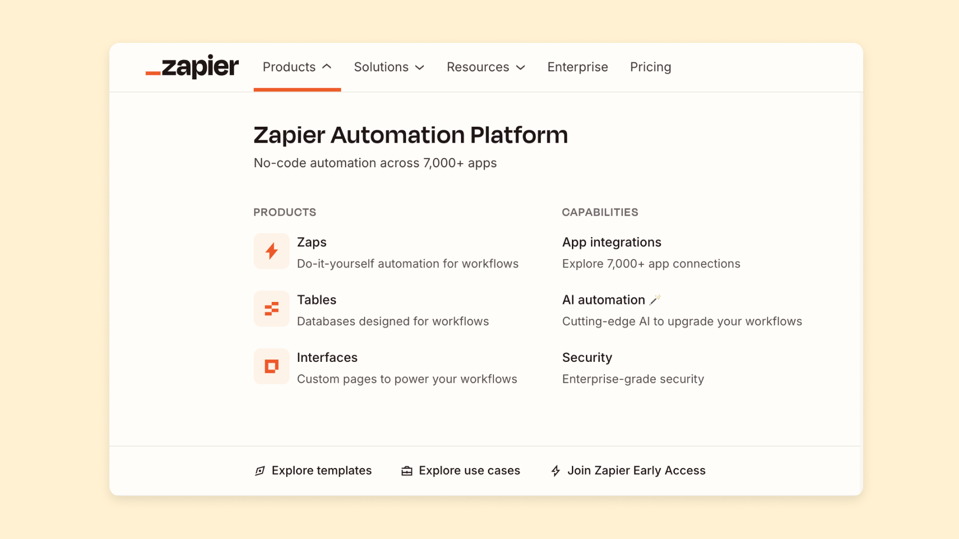 A screenshot of Zapier's product menu.