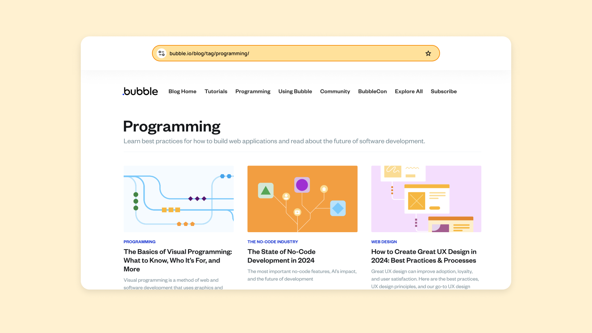 A screenshot of Bubble's blog under the Programming category with the URL highlighted.