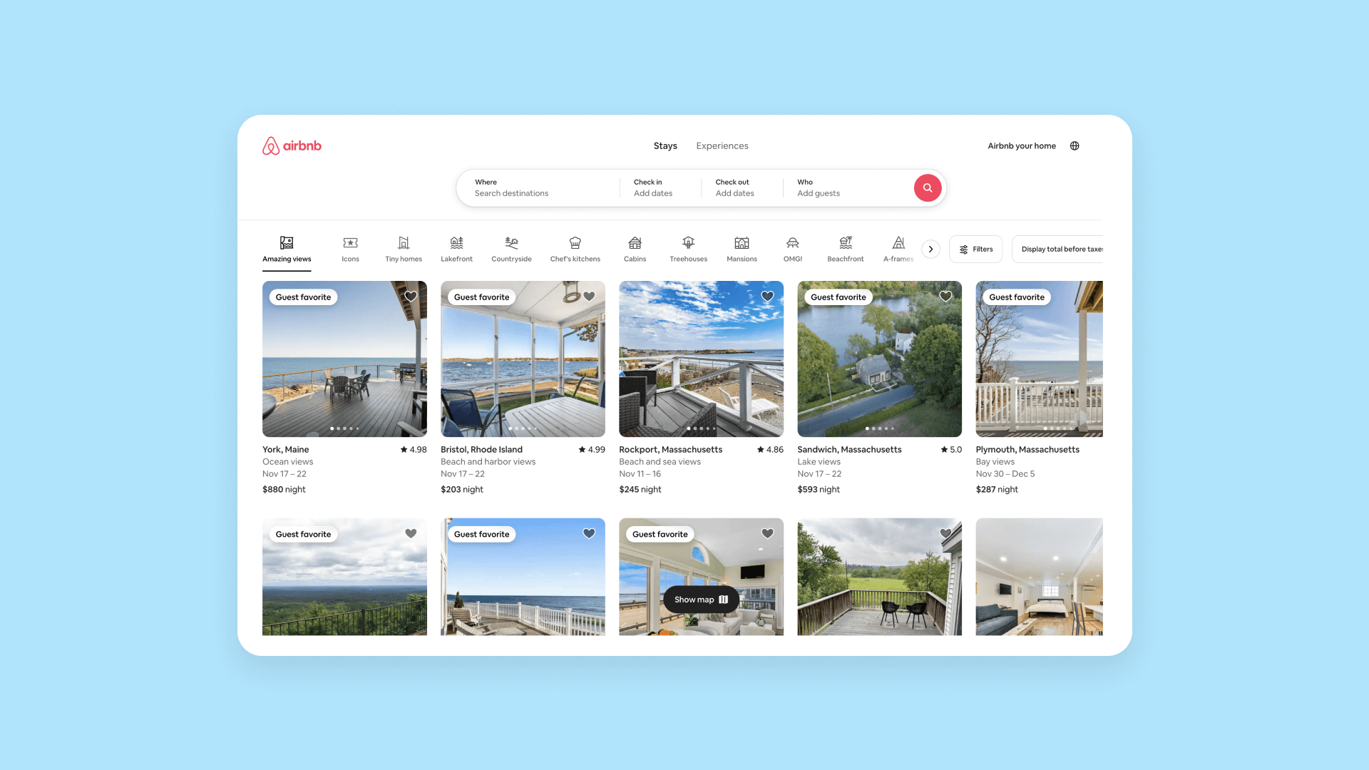 A screenshot of Airbnb listing results