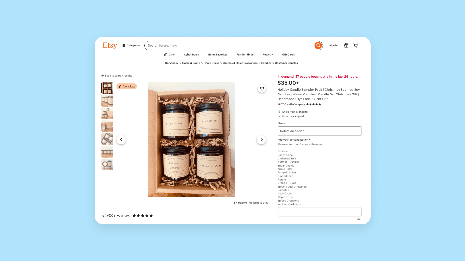 A screenshot of a product page for a candle listed on Etsy.