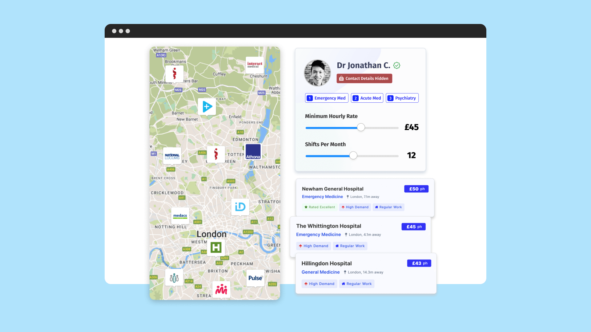 A screenshot of several of Messly's modules, including a map, a rate/shift slider, and search results