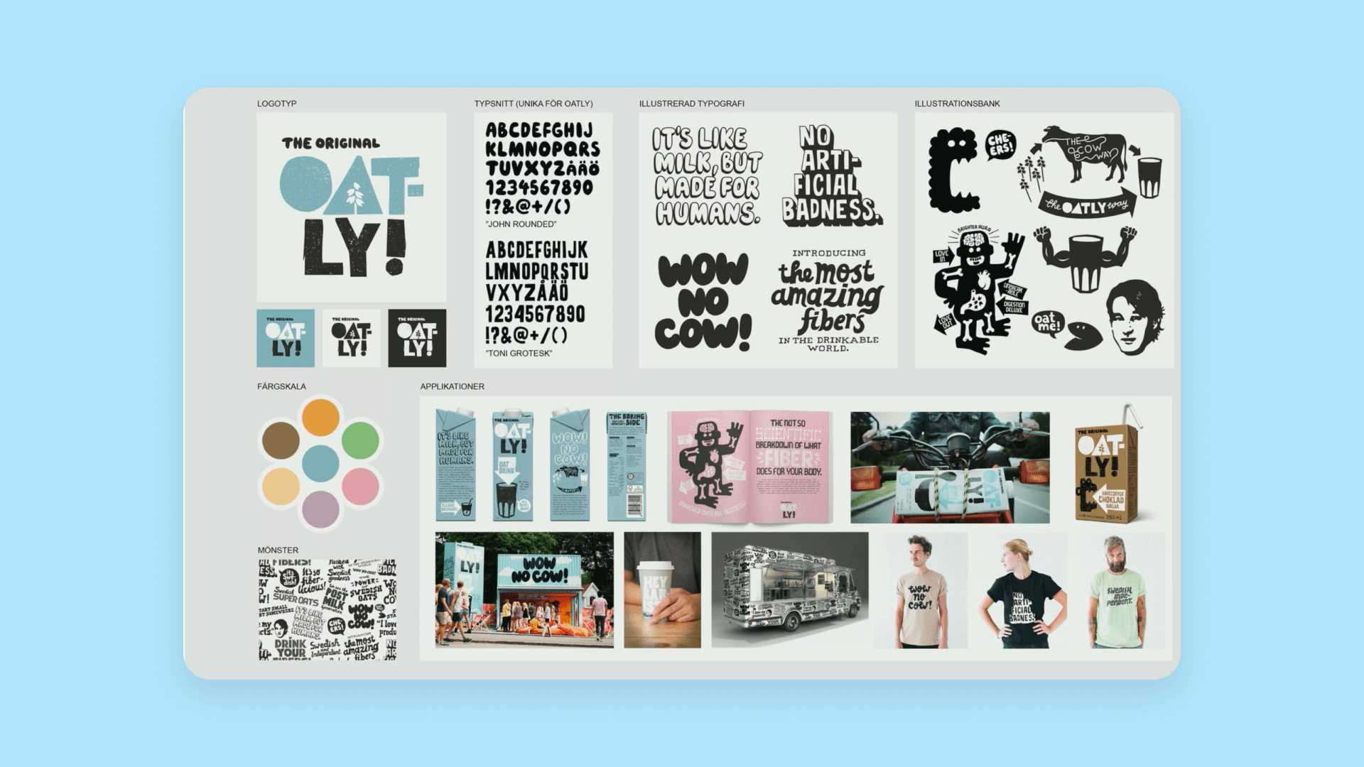 A screenshot of Oatly brand assets, including their typeface, color palette, and packaging and merch.