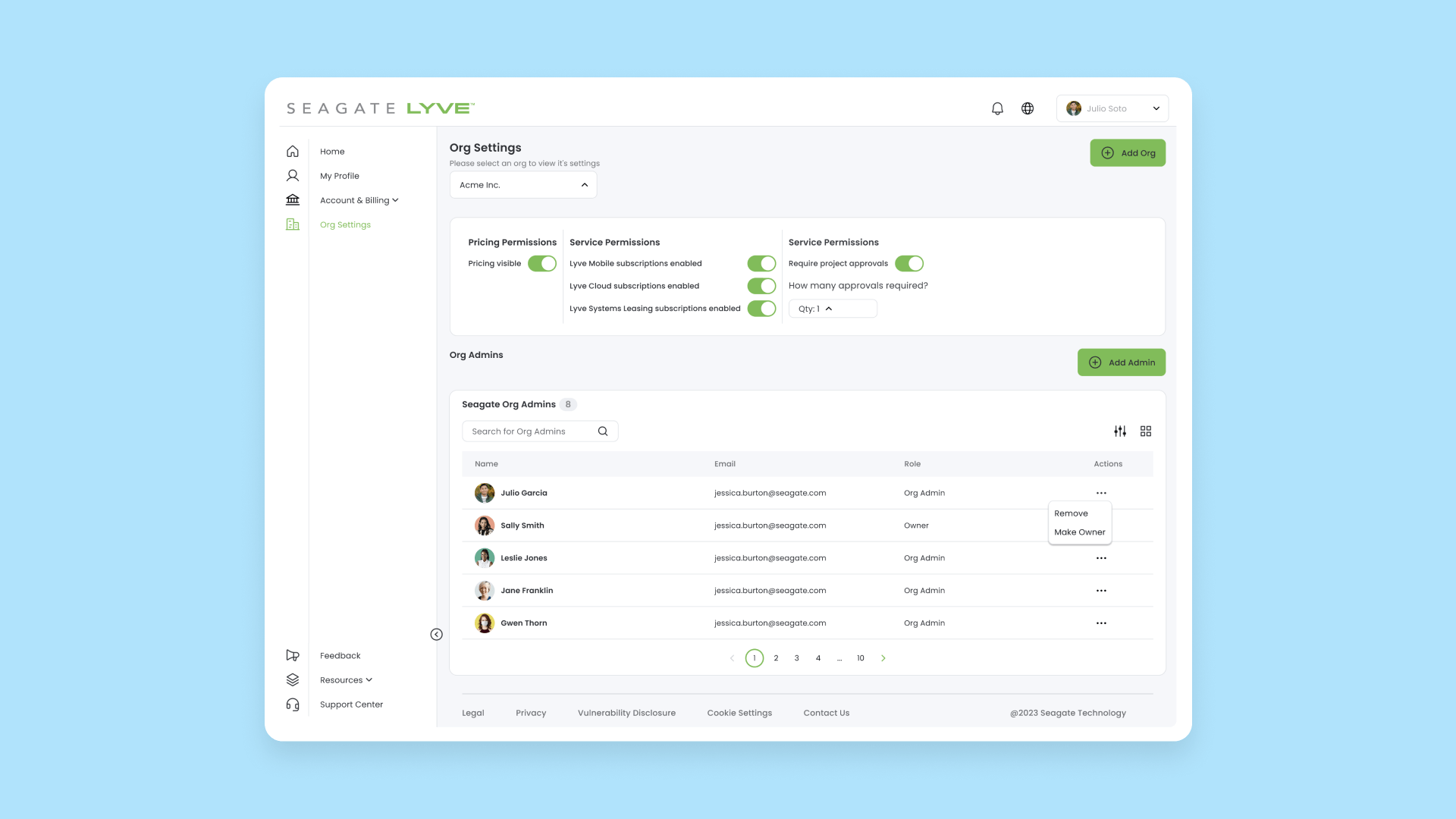 A screenshot of the Admin Console, Seagate's internal tool.