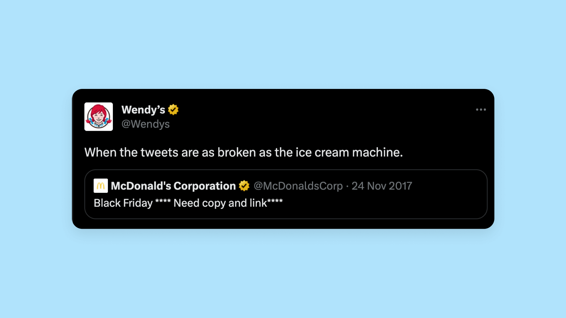 A screenshot of a tweet from Wendy's joking about a competitor's broken ice cream machines.