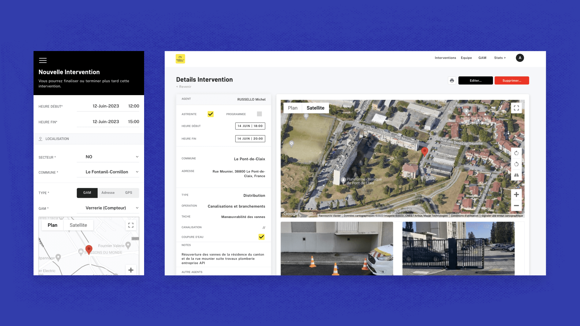 A mobile and desktop screenshot side-by-side showing a report being submitted and added to the system.