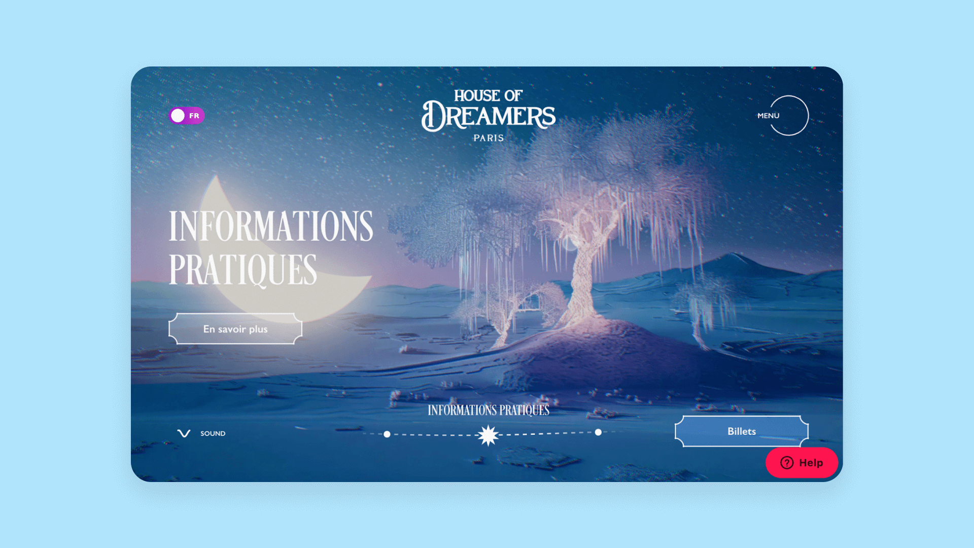 A screenshot of House of Dreamers' homepage showing a 3D animated tree.