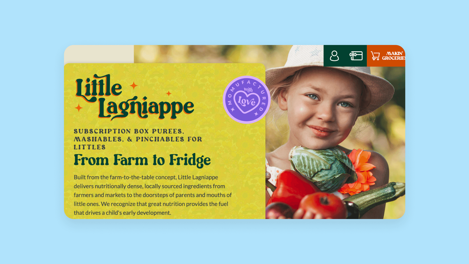 A screenshot of Little Lagniappe's homepage showing an AI-generated art piece of a child holding produce.